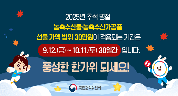 2025년 추석 명절농축수산물 농축수산가공품선물 가액 범위 30만원이 적용되는 기간은9.12.(금)~10.11.(토) 30일간 입니다.풍성한 한가위 되세요!